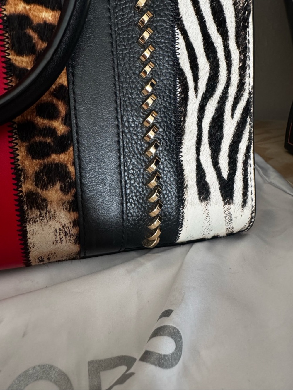 Michael Kors Black, White, Tan & Red Animal Print Leather Tote - Picture 2 of 4